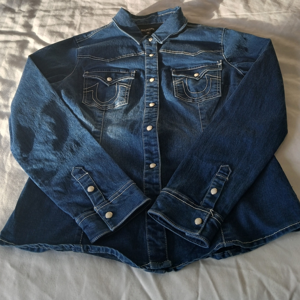 True Religion Pearl Snap Western Denim Shirt Women's Medium NWOT